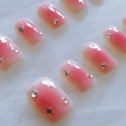 GLORS Short Square Press On Nails – Pink with Silver Stars | 10-Piece Salon-Quality Set (SS)