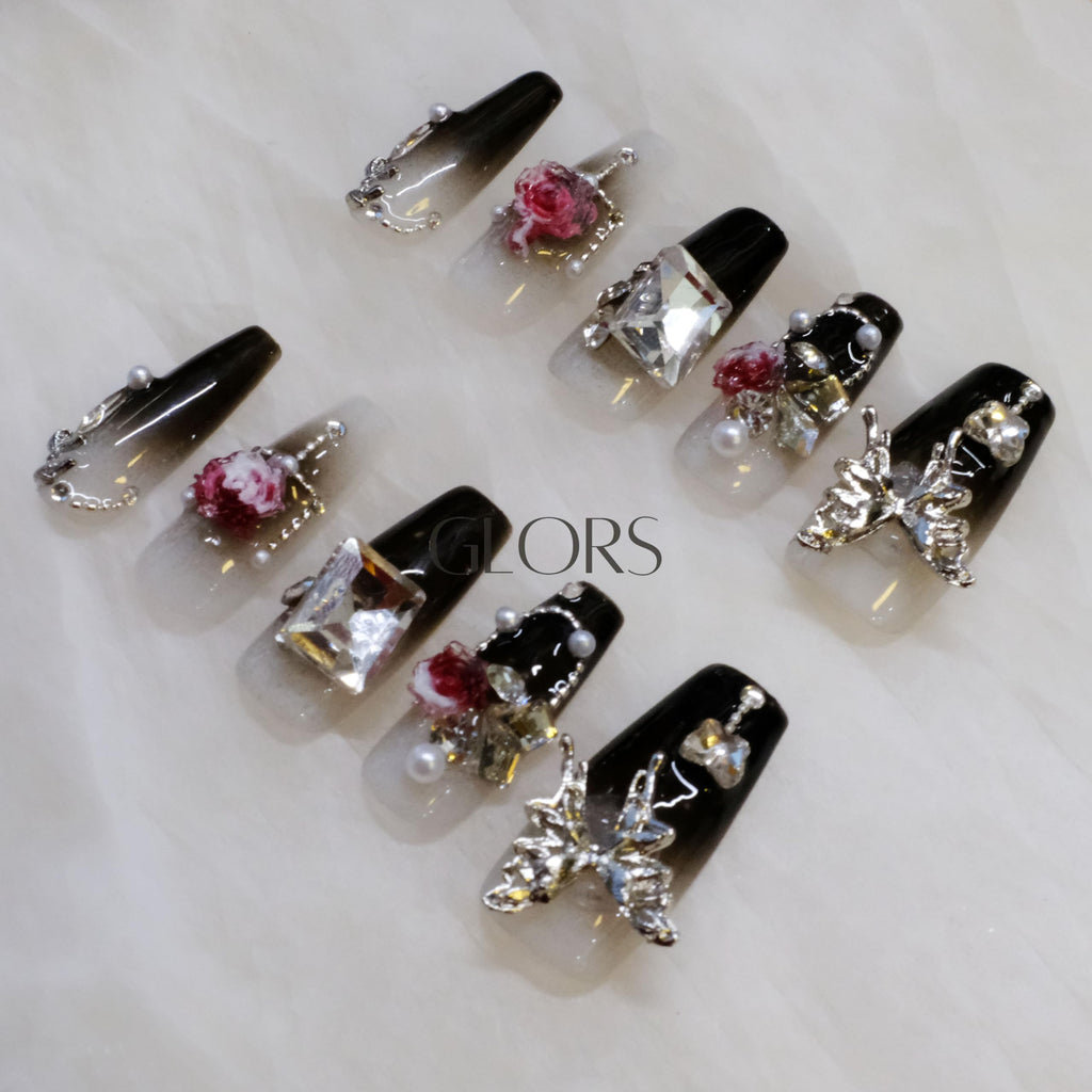 GLORS Handmade Press-On Nails - Long Coffin with 3D Butterfly & Rose, 10-Piece Set (XS, LC)
