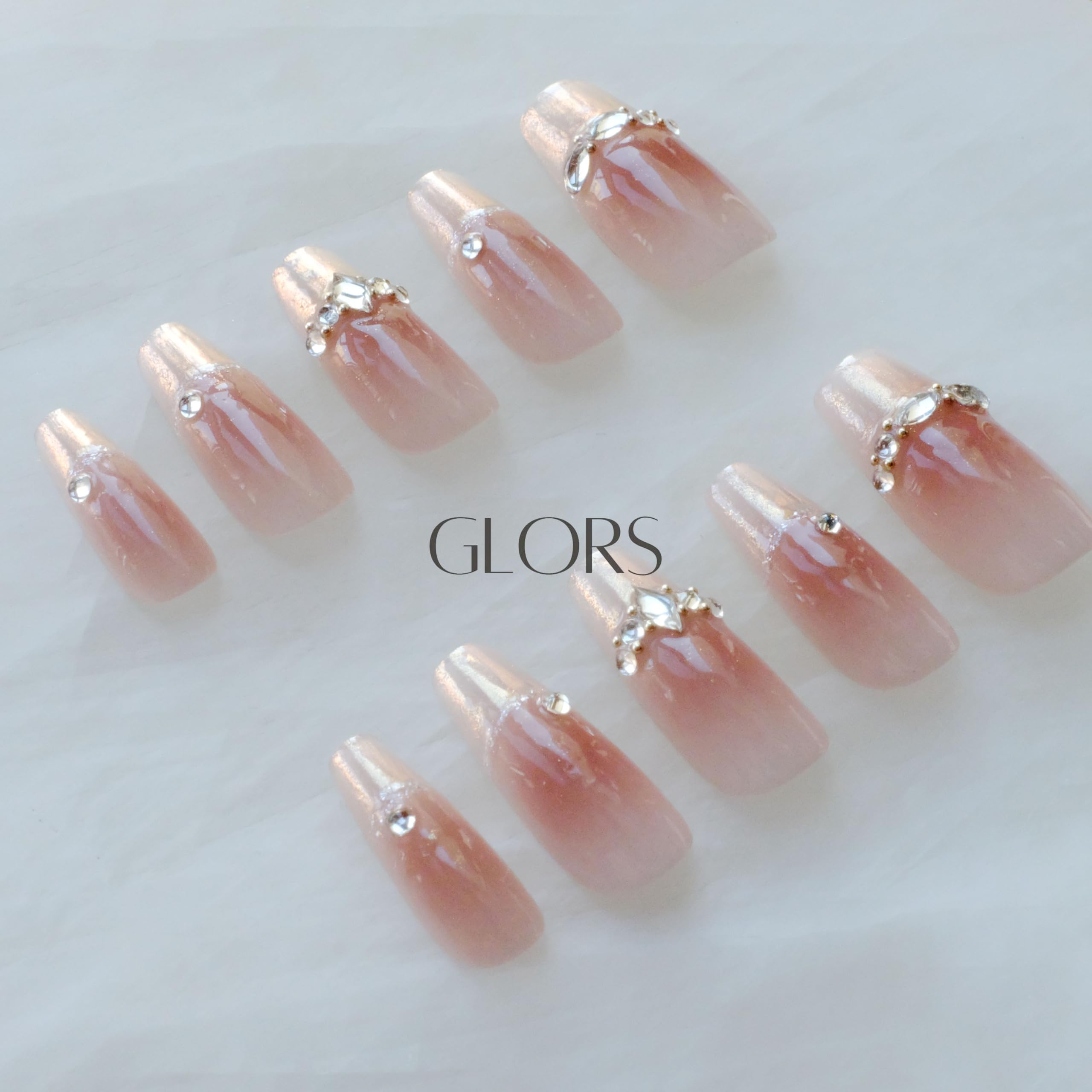 GLORS Long Ballerina Press-On Nails – Pink French with Rhinestones (Small LB)