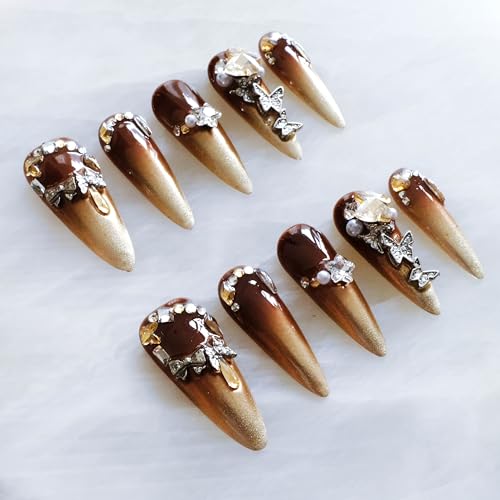 GLORS Luxury Long Stiletto Press-On Nails – Brown-Gold Ombre with 3D Rhinestones & Pearls (10 Pcs, Medium LS)