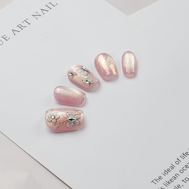 GLORS Unique Art Nail Press On Nails – Pink Cat Eye Butterflies & Flowers, Short Square, 10 Pieces (Medium, SS)