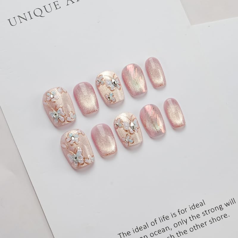GLORS Unique Art Nail Press On Nails – Pink Cat Eye Butterflies & Flowers, Short Square, 10 Pieces (Medium, SS)