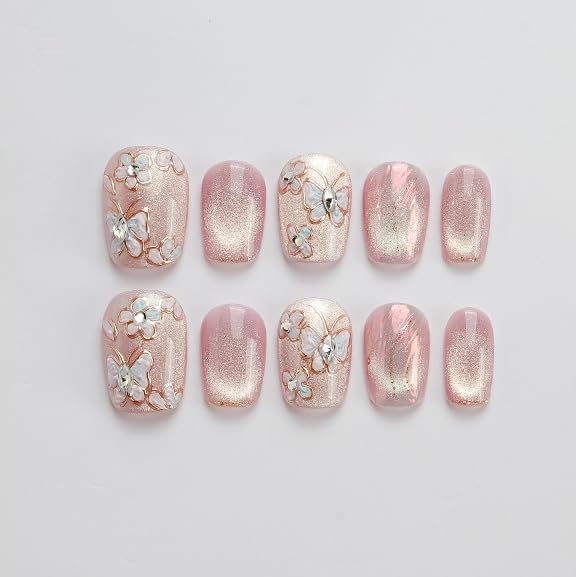GLORS Unique Art Nail Press On Nails – Pink Cat Eye Butterflies & Flowers, Short Square, 10 Pieces (Medium, SS)