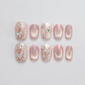 GLORS Unique Art Nail Press On Nails – Pink Cat Eye Butterflies & Flowers, Short Square, 10 Pieces (Medium, SS)