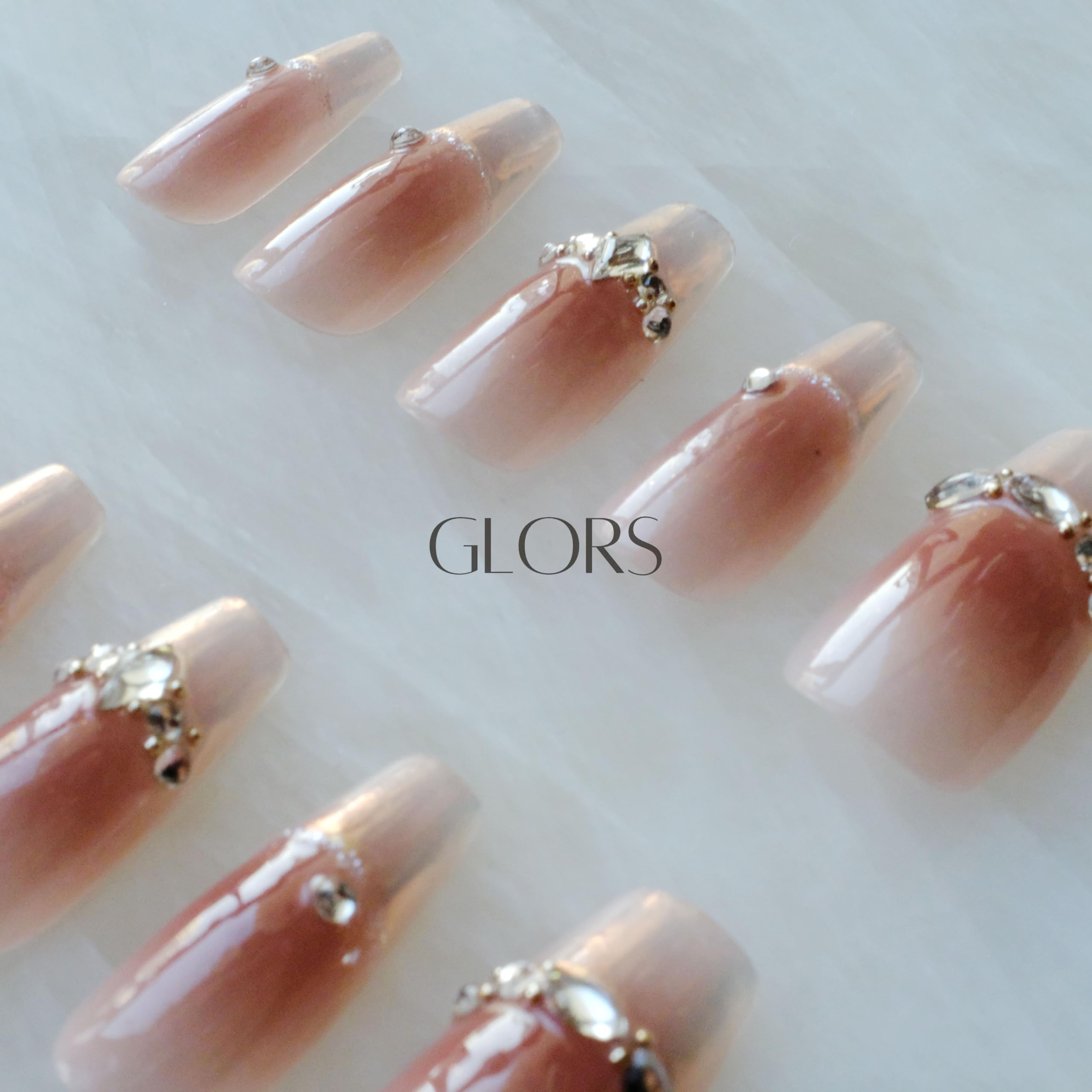 GLORS Long Ballerina Press-On Nails – Pink French with Rhinestones (Small LB)