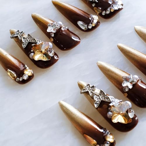GLORS Luxury Long Stiletto Press-On Nails – Brown-Gold Ombre with 3D Rhinestones & Pearls (10 Pcs, Medium LS)