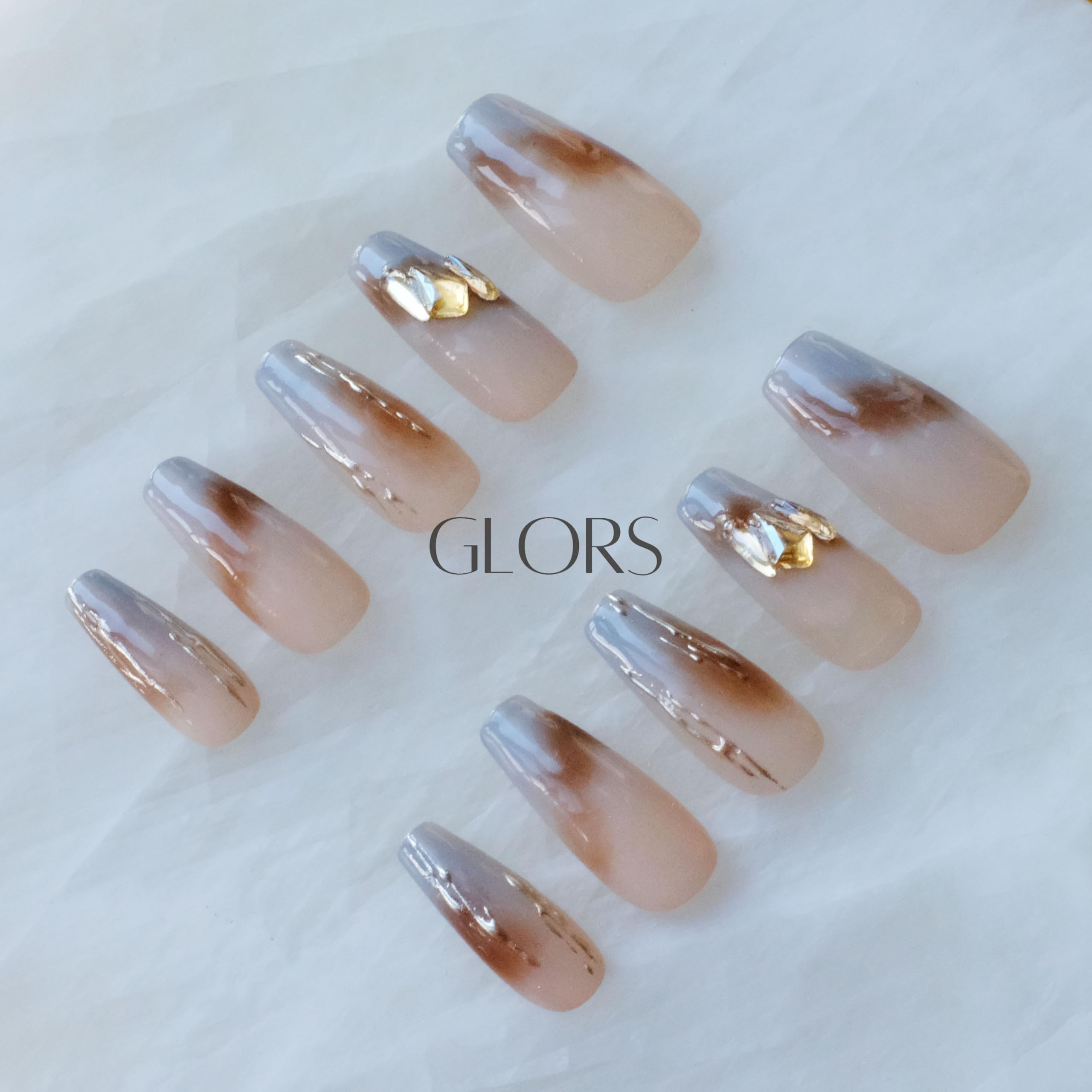 GLORS Ombre Press On Nails – Long Ballerina Nude to Gray with Gold Accents (10-Piece, Large LB)