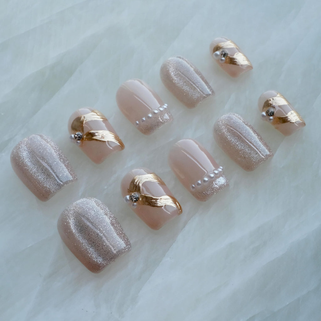 GLORS Purely Handmade Press On Nails – Elegant French Pink Pearl Gold, Short Square, 10 pcs (Medium SS)