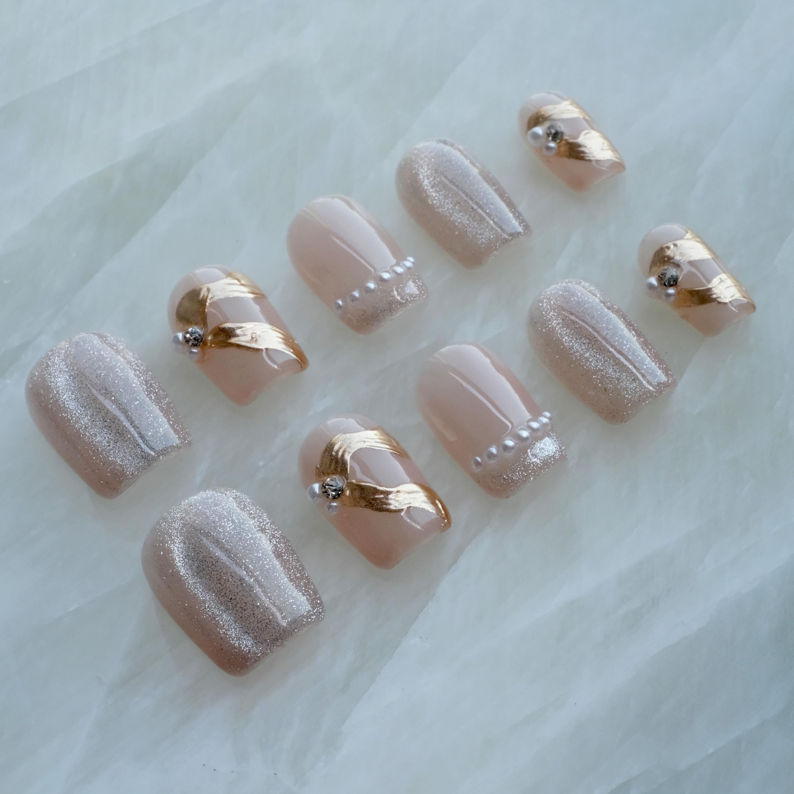 GLORS Purely Handmade Press On Nails – Elegant French Pink Pearl Gold, Short Square, 10 pcs (Medium SS)