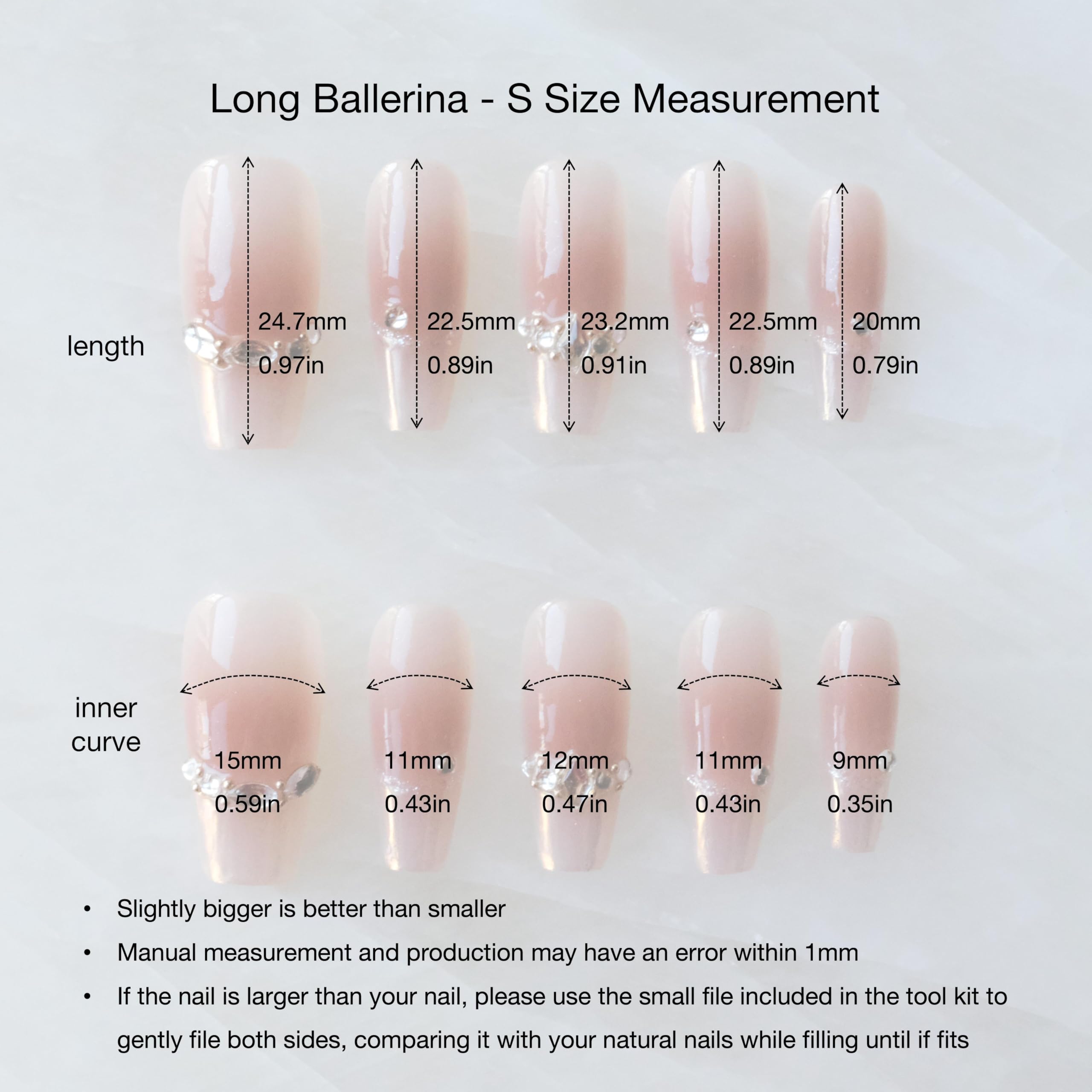 GLORS Long Ballerina Press-On Nails – Pink French with Rhinestones (Small LB)