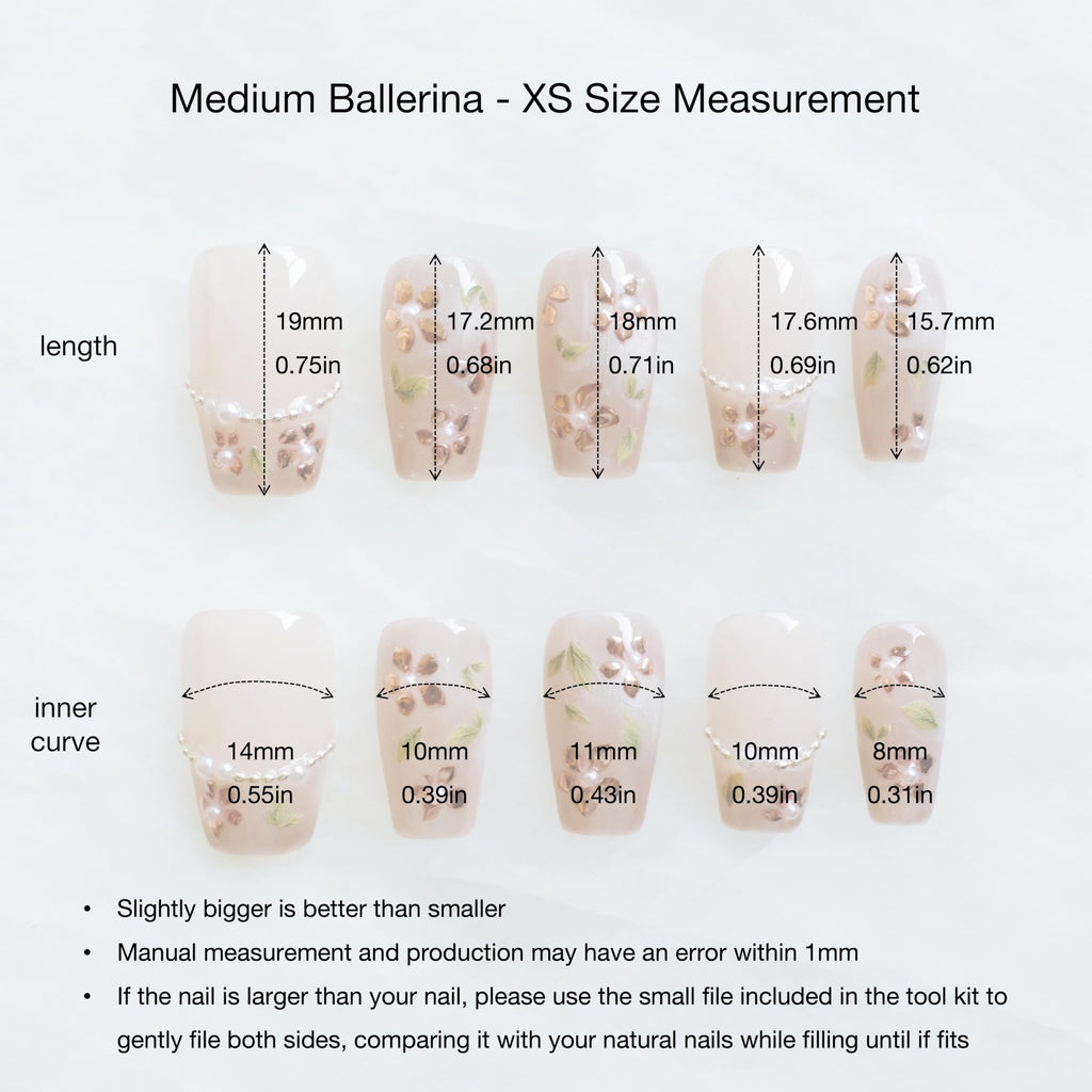 GLORS Medium Ballerina Press-On Nails – Nude Pink with Rose Gold Foil & Pearl Accents (10 pc, XS–MB)