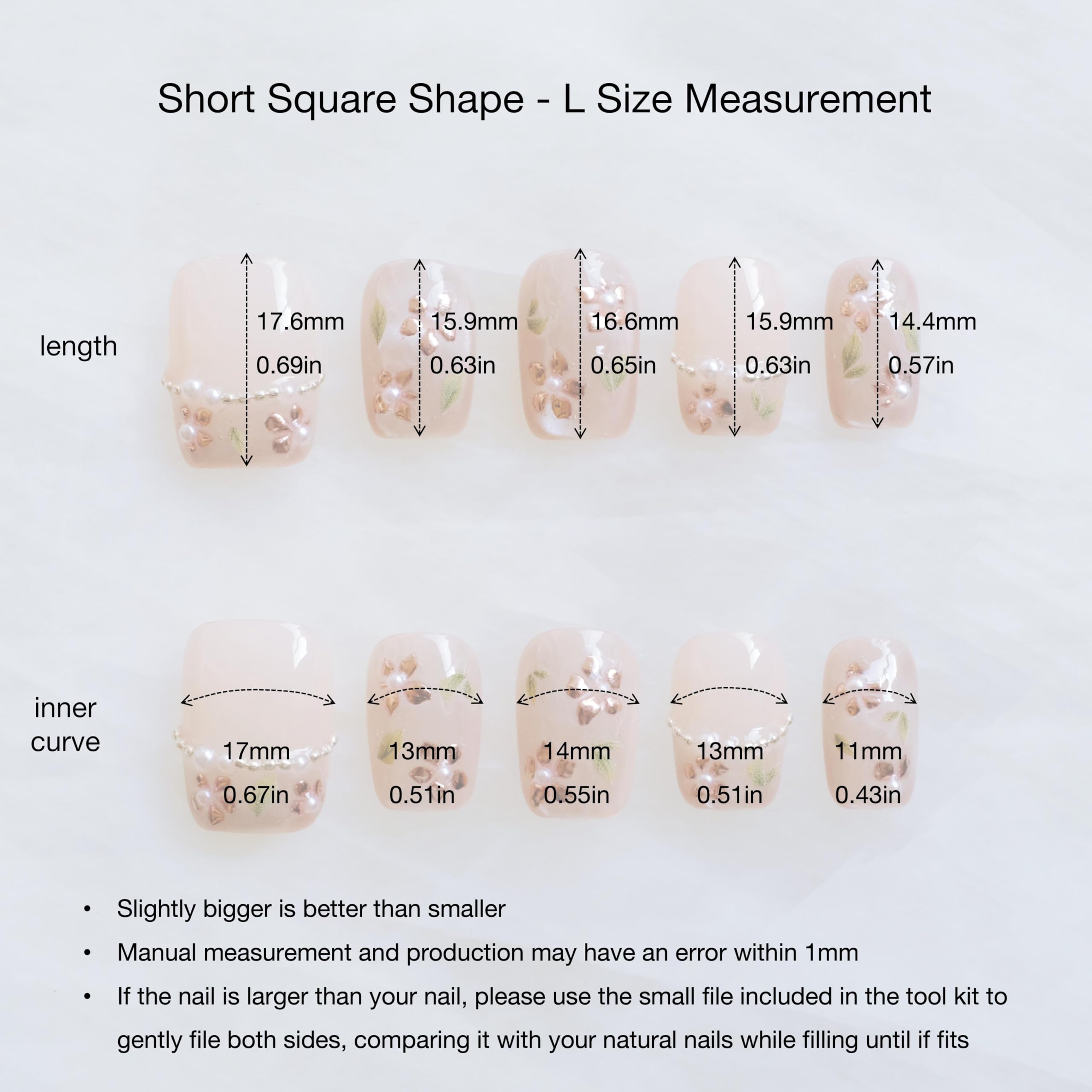 GLORS Short Square Press-On Nails – Nude Pink with Rose Gold Foil & Pearl Accents | 10 Pieces (Large, SS)