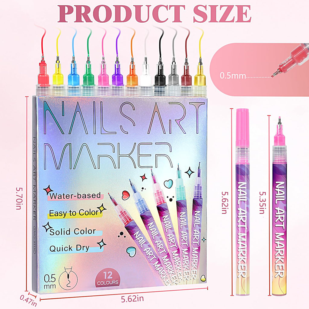 Gluixio 12 Colors Nail Art Pens – 0.5mm Fine Tip, Waterproof & Quick-Dry DIY Nail Art Set