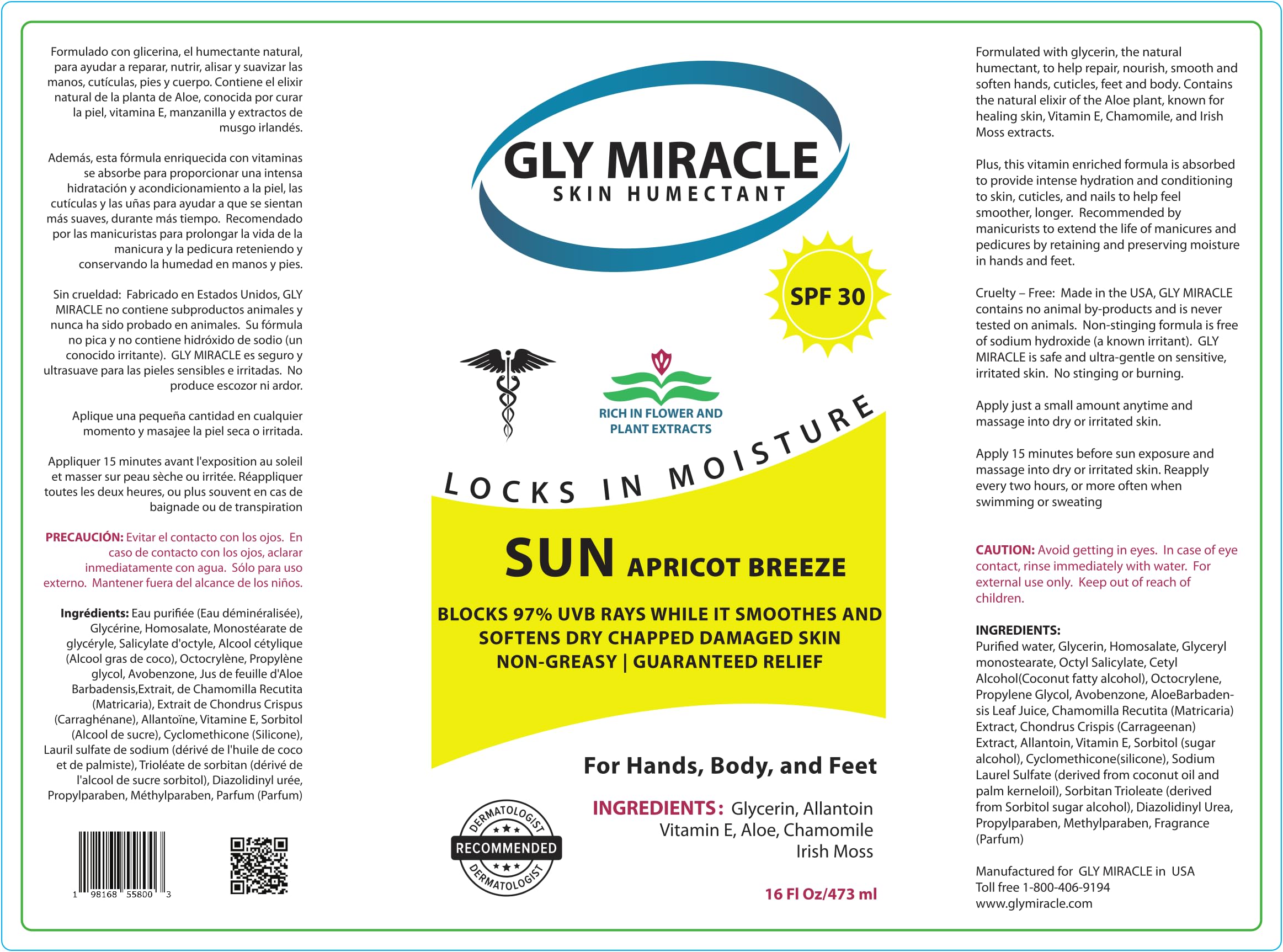 GLY MIRACLE SUN SPF30 Sunscreen Moisturizer – Hydration + Broad Spectrum SPF 30, Apricot Breeze, 16 oz
