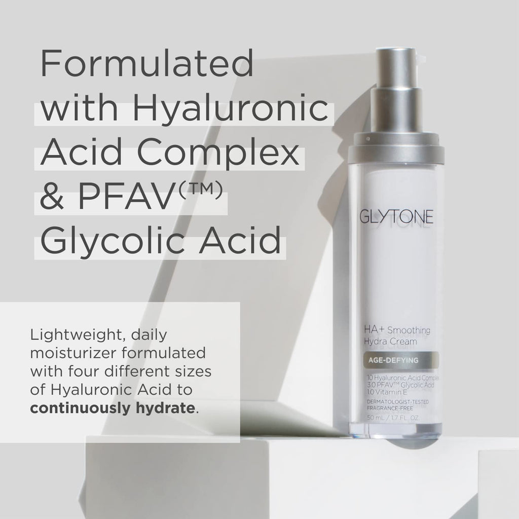 Glytone Age-Defying HA+ Smoothing Hydra Cream | 10 Hyaluronic Acids Complex, 3.0 PFAV Glycolic, 1.0 Vitamin E | 1.7 oz