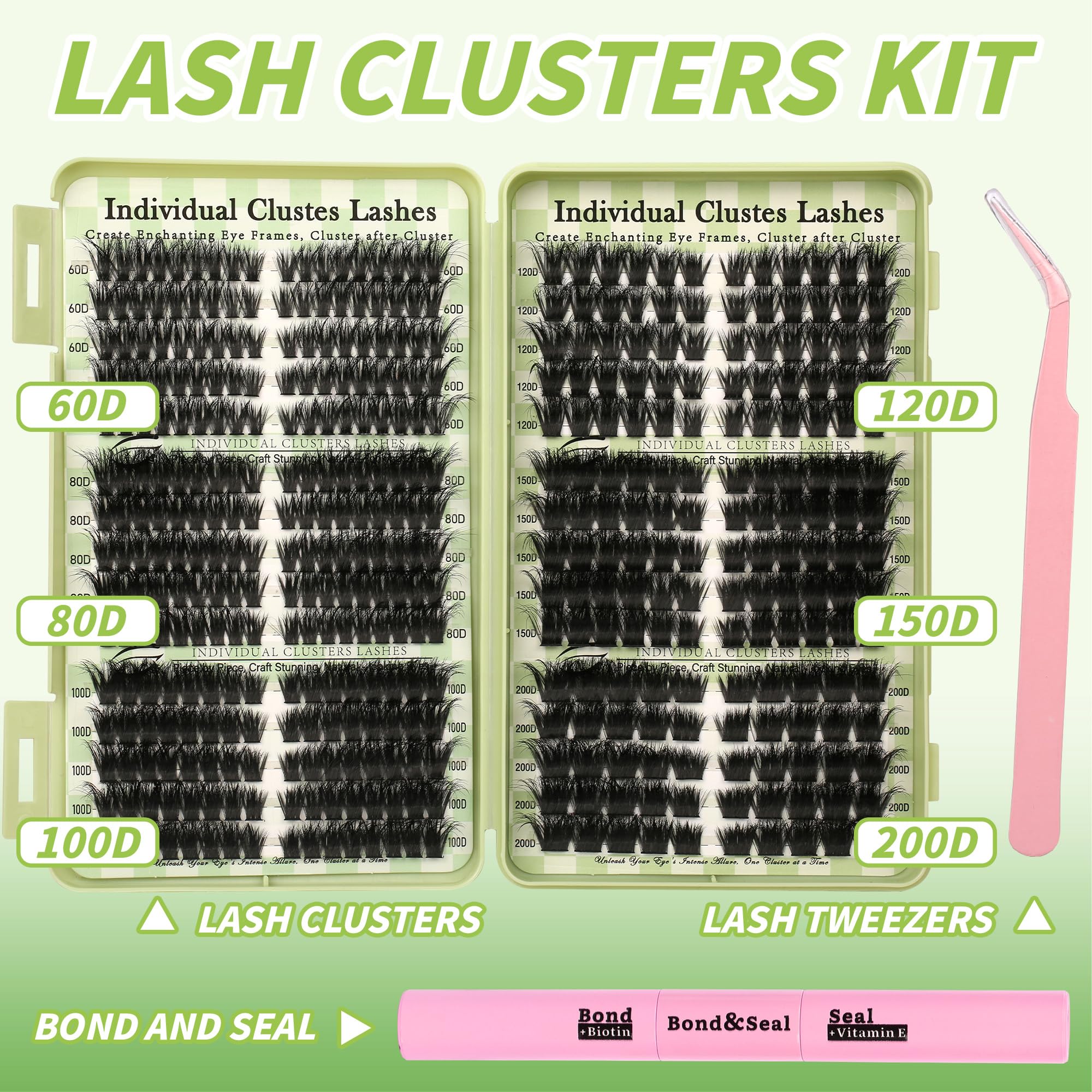 Gmagictobo Lash Clusters Kit – 430Pcs DIY Cat Eye Extensions (80D-200D) with Bond, Seal, Tweezers