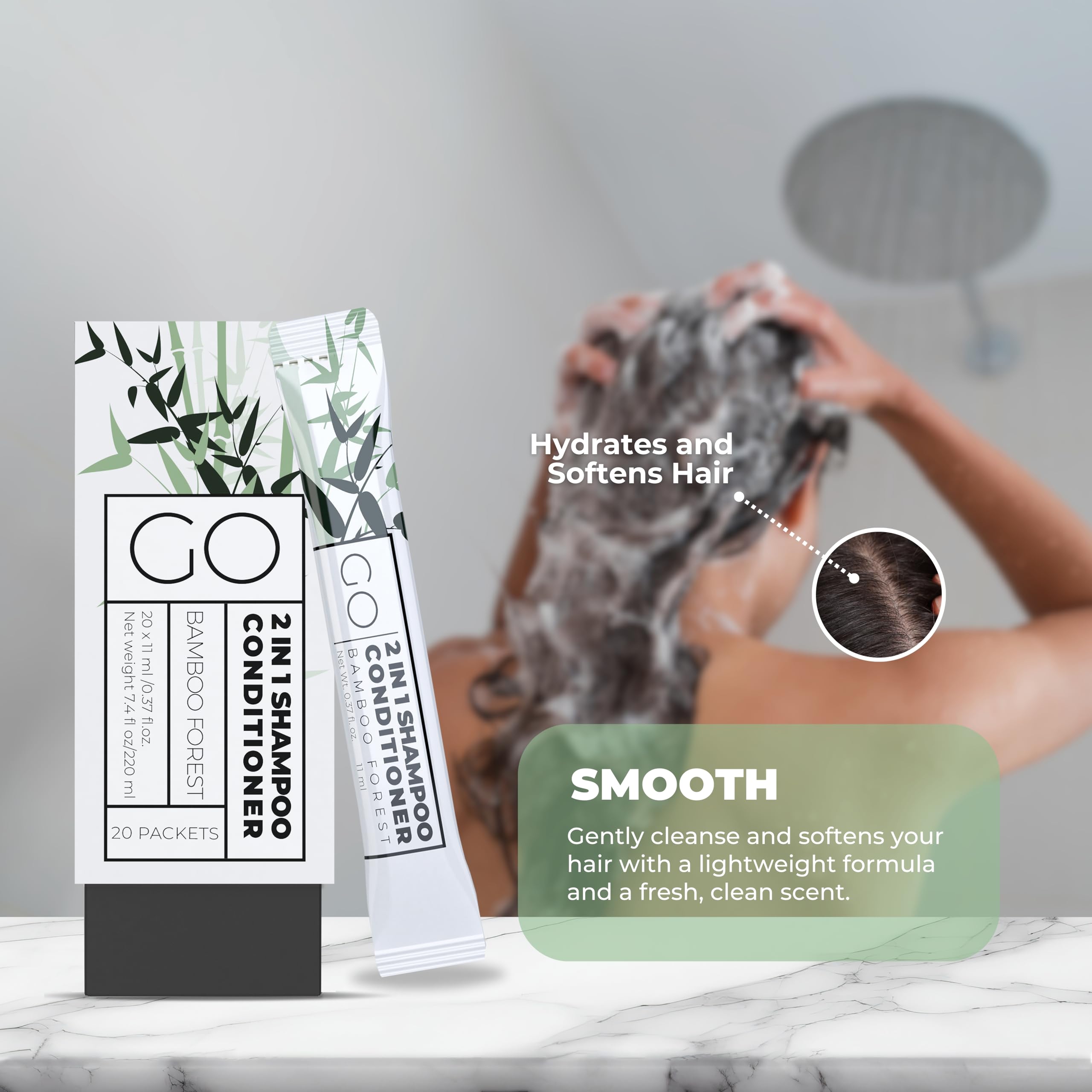 Go Essentials Travel Size 2-in-1 Shampoo & Conditioner – 20 Single-Use Packets (Sulfate-Free)