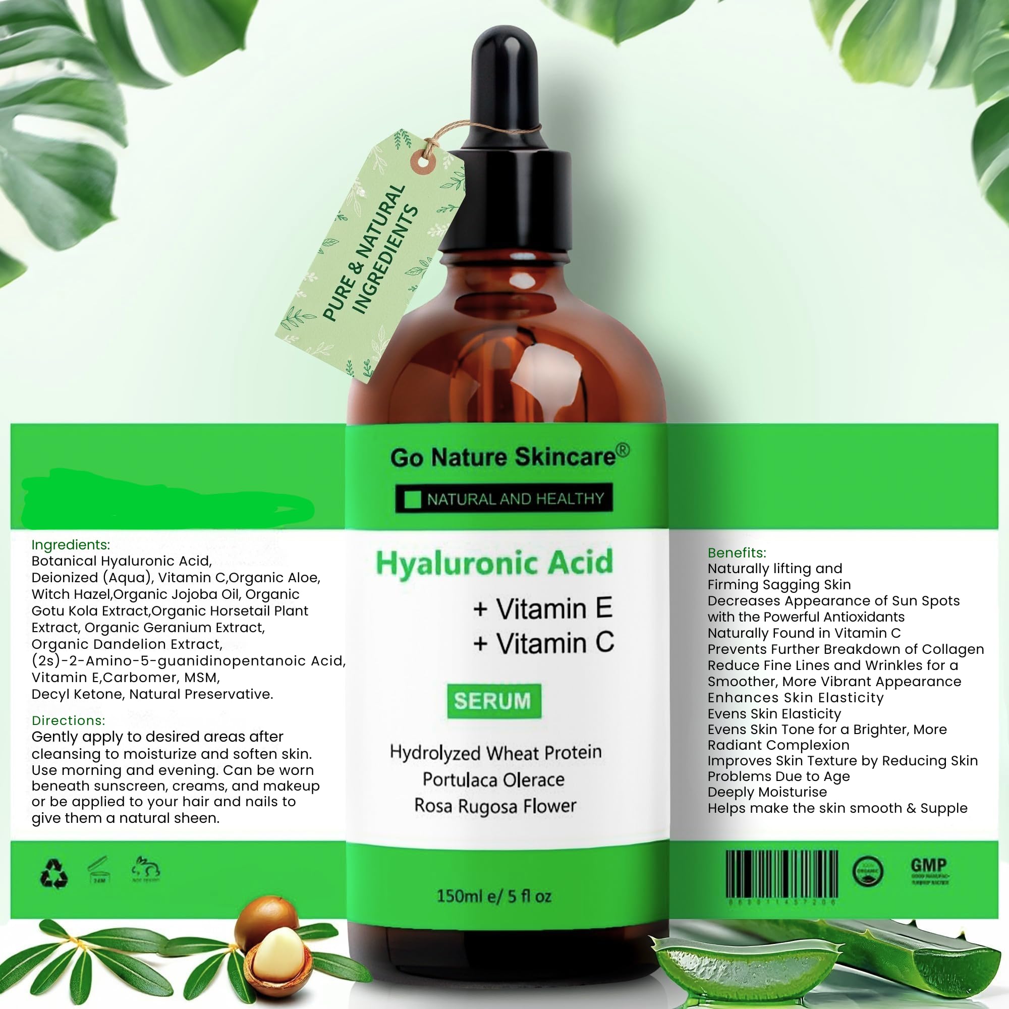 Go Nature Skincare Hyaluronic Acid Serum 5oz – Deep Hydration, Brightening & Anti-Aging