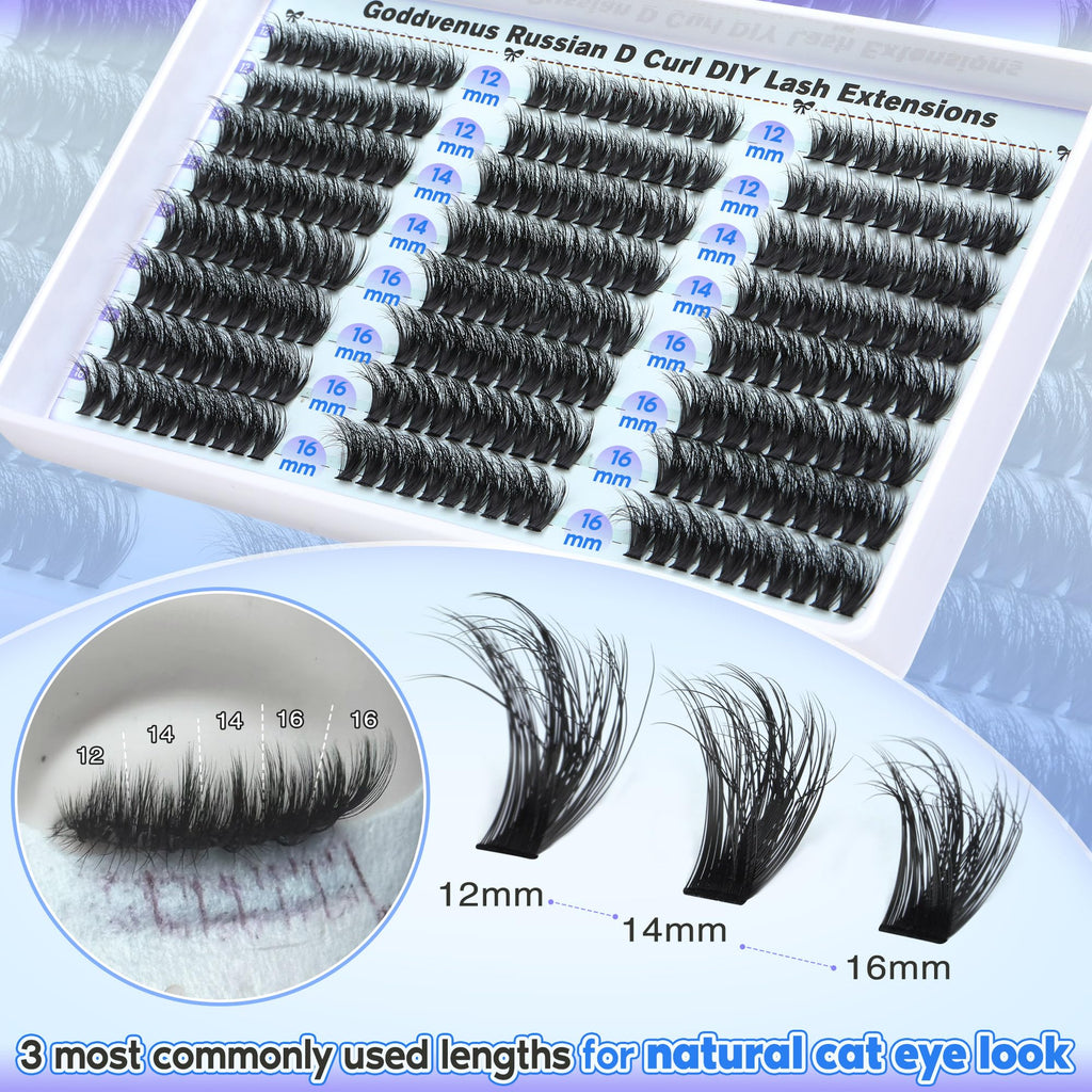 Goddvenus Lash Clusters Kit Wispy Lashes: Mixed 12mm-16mm with Bond & Seal, DIY Cat-Eye Lashes