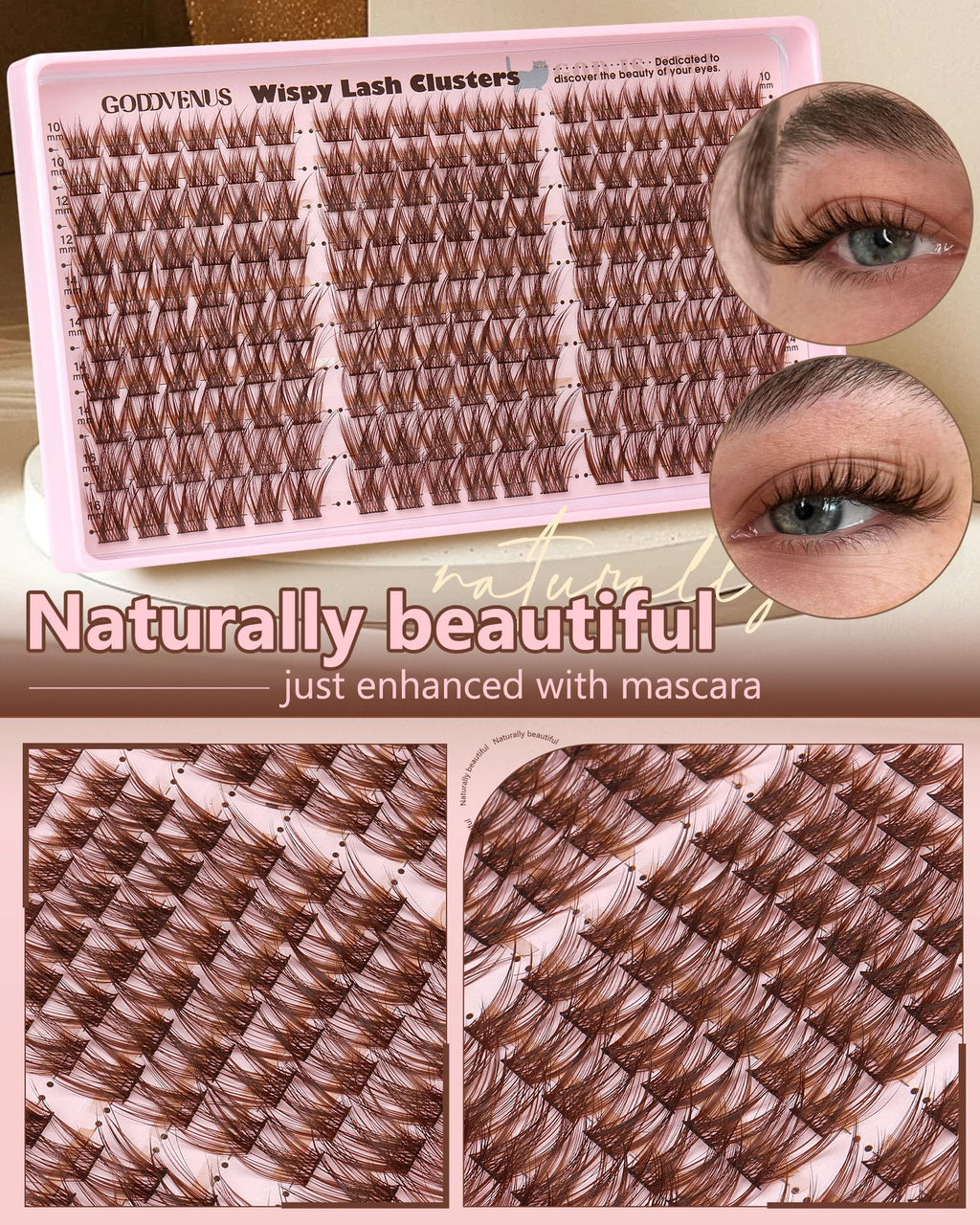 Goddvenus Brown Wispy Lash Clusters Kit – Natural Cluster Eyelashes, C Curl, DIY Extensions