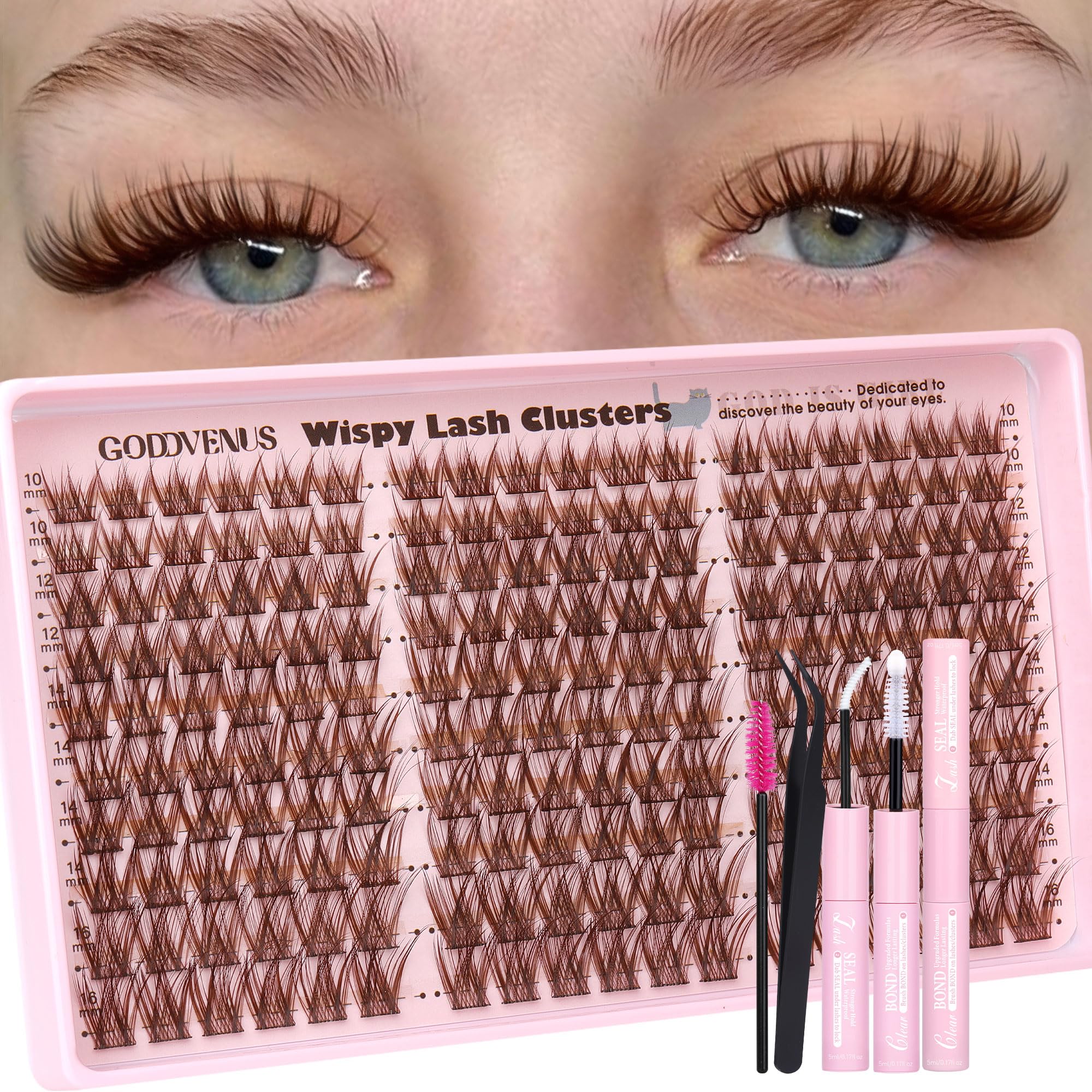 Goddvenus Brown Wispy Lash Clusters Kit – Natural Cluster Eyelashes, C Curl, DIY Extensions
