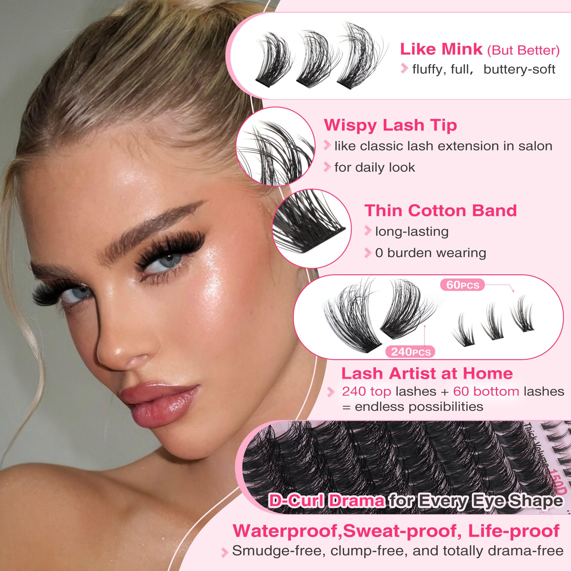 Goddvenus Fluffy Lash Clusters Kit – 240 Upper + 60 Lower, D-Curl Waterproof DIY Lashes