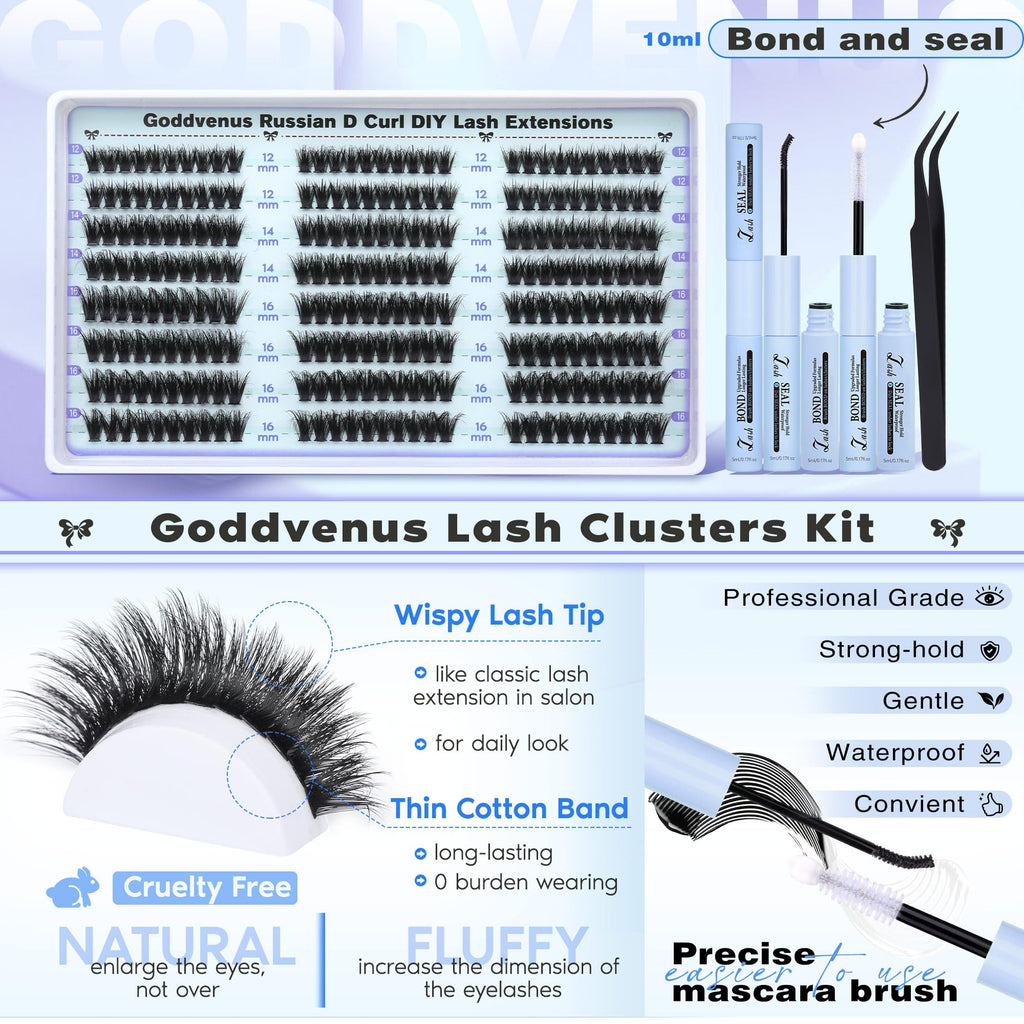 Goddvenus Lash Clusters Kit Wispy Lashes: Mixed 12mm-16mm with Bond & Seal, DIY Cat-Eye Lashes