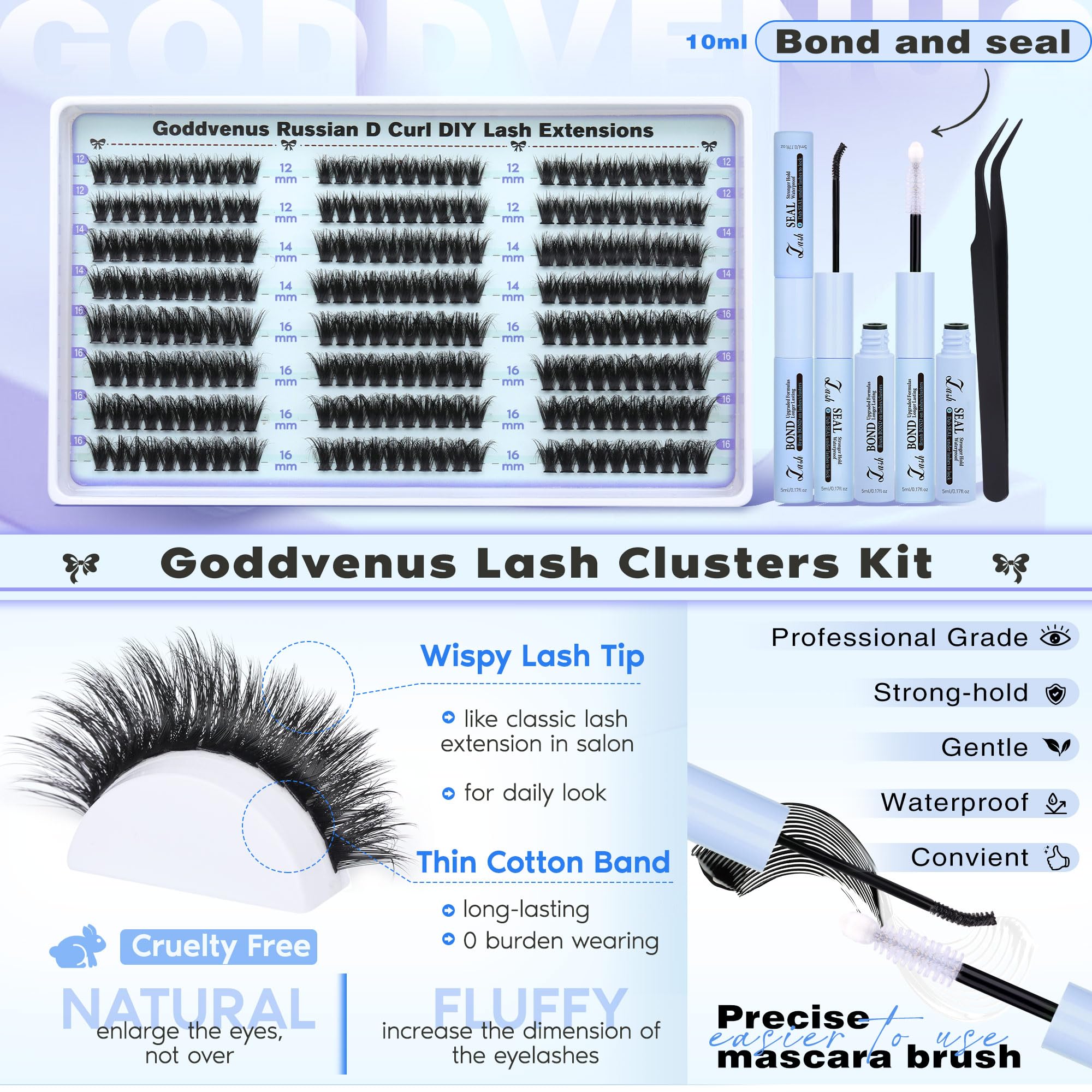 Goddvenus Lash Clusters Kit Wispy Lashes: Mixed 12mm-16mm with Bond & Seal, DIY Cat-Eye Lashes