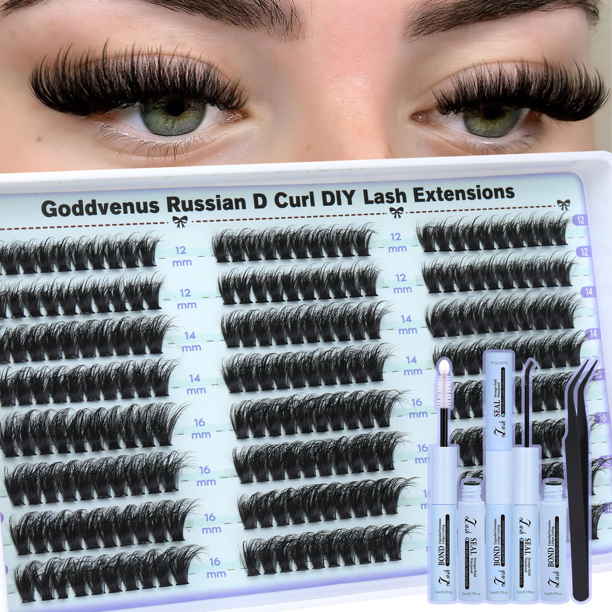 Goddvenus Lash Clusters Kit Wispy Lashes: Mixed 12mm-16mm with Bond & Seal, DIY Cat-Eye Lashes