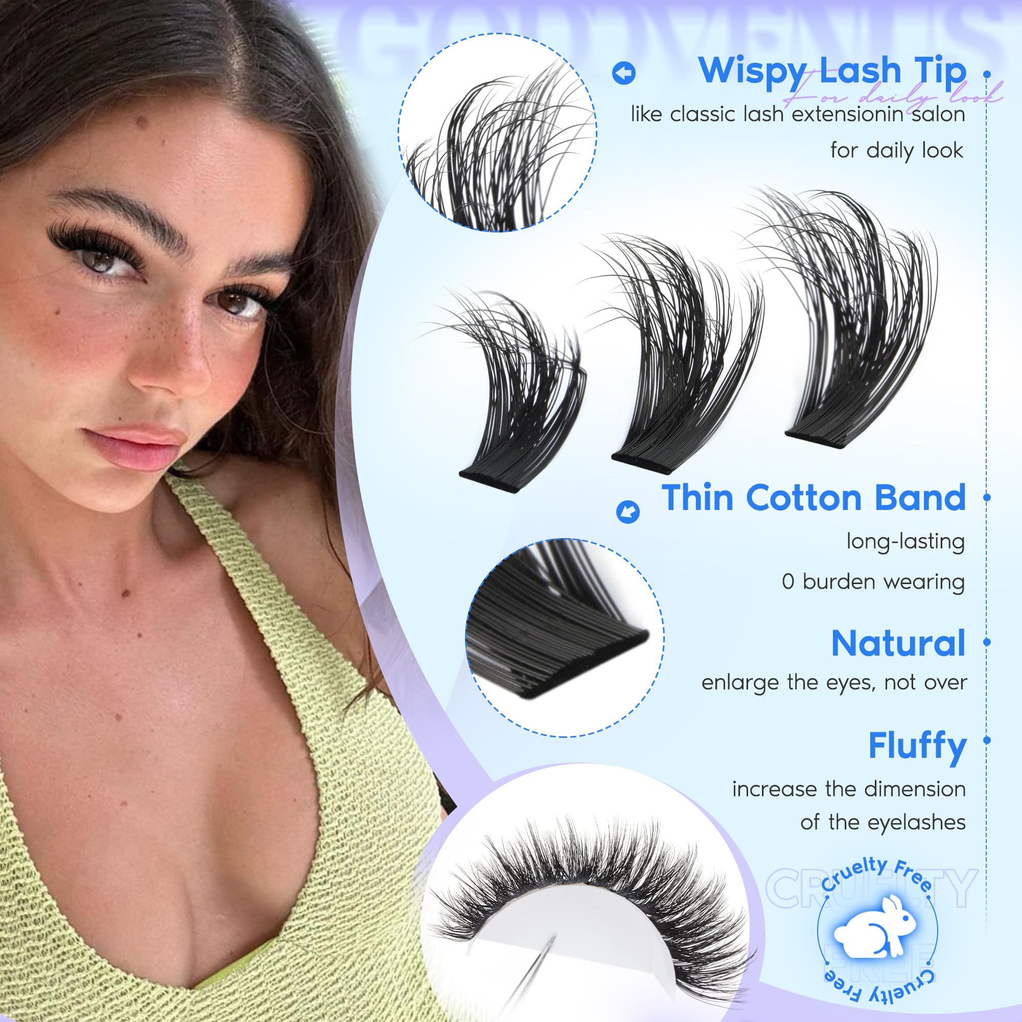 Goddvenus Lash Clusters Kit Wispy Lashes: Mixed 12mm-16mm with Bond & Seal, DIY Cat-Eye Lashes