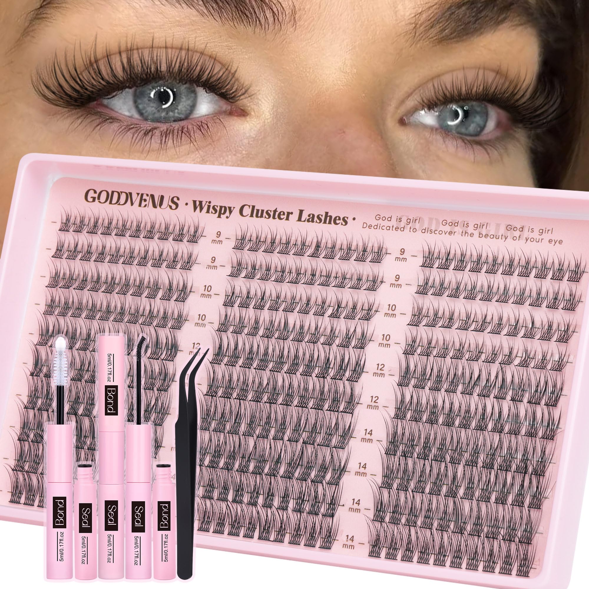 Goddvenus Lash Clusters Kit 9-14mm Wispy Lashes – DIY Natural Lash Extensions Kit with Tweezers (300pcs) | C Curl