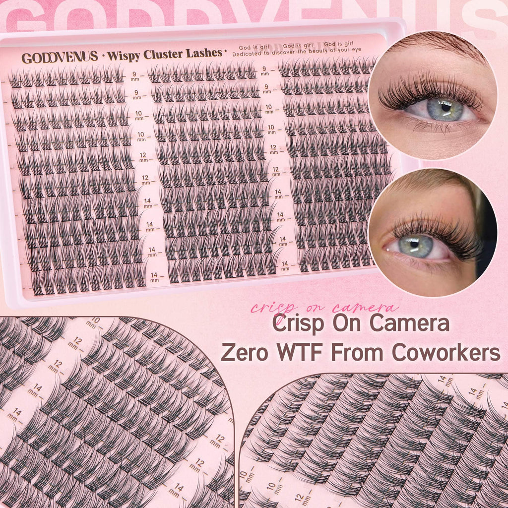 Goddvenus Lash Clusters Kit 9-14mm Wispy Lashes – DIY Natural Lash Extensions Kit with Tweezers (300pcs) | C Curl