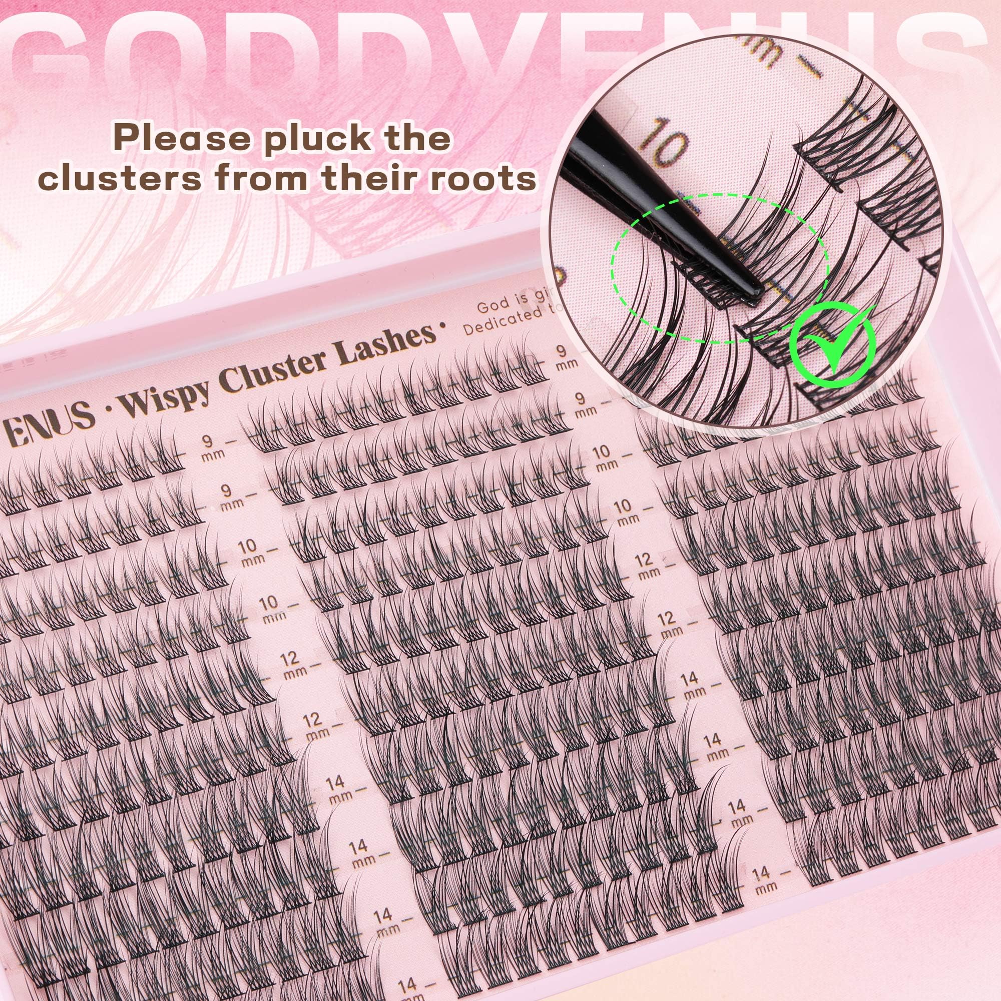 Goddvenus Lash Clusters Kit 9-14mm Wispy Lashes – DIY Natural Lash Extensions Kit with Tweezers (300pcs) | C Curl