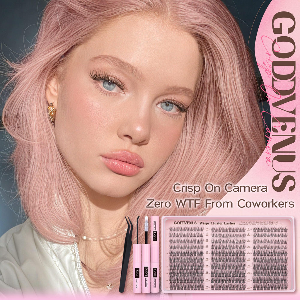 Goddvenus Lash Clusters Kit 9-14mm Wispy Lashes – DIY Natural Lash Extensions Kit with Tweezers (300pcs) | C Curl