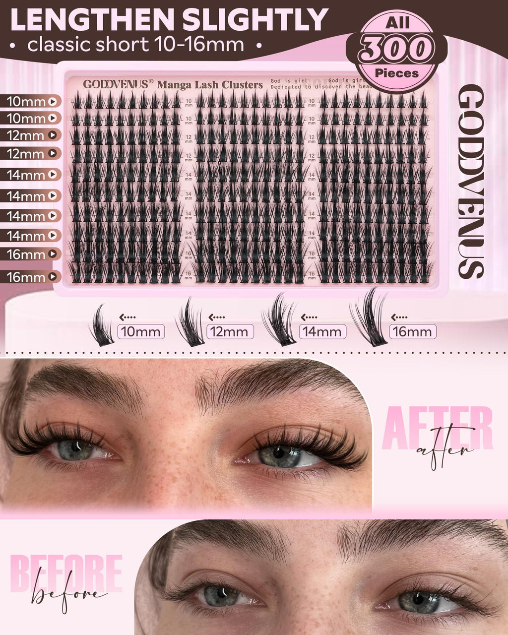 Goddvenus Manga Lash Clusters Kit – Natural 300 Pcs, Wispy Anime Lashes (10–16mm) | Cat Eye, Doll Eye, Squirrel Eye