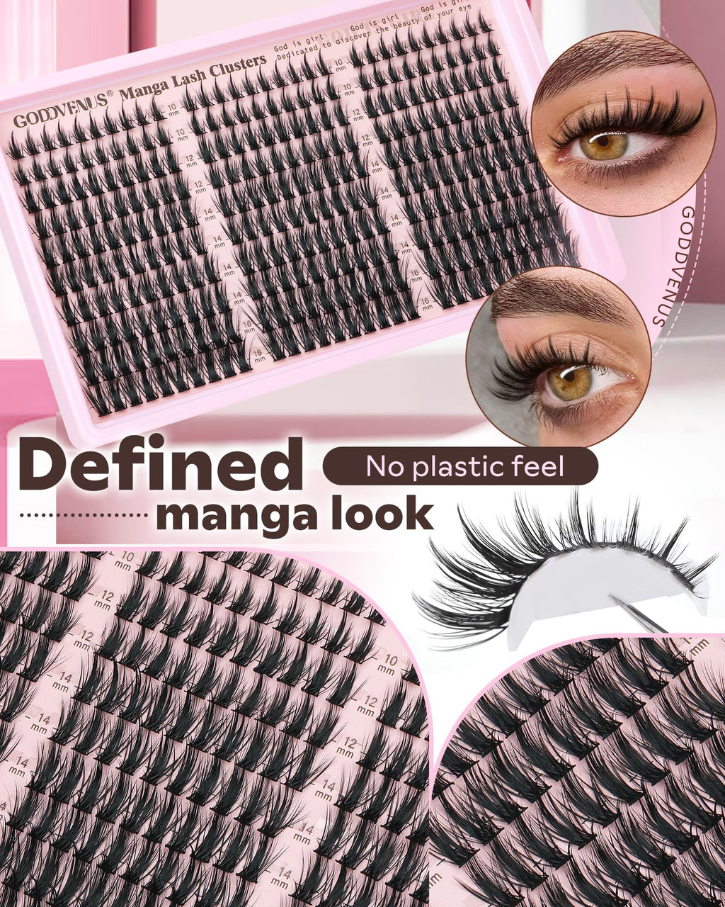 Goddvenus Manga Lash Clusters Kit – Natural 300 Pcs, Wispy Anime Lashes (10–16mm) | Cat Eye, Doll Eye, Squirrel Eye