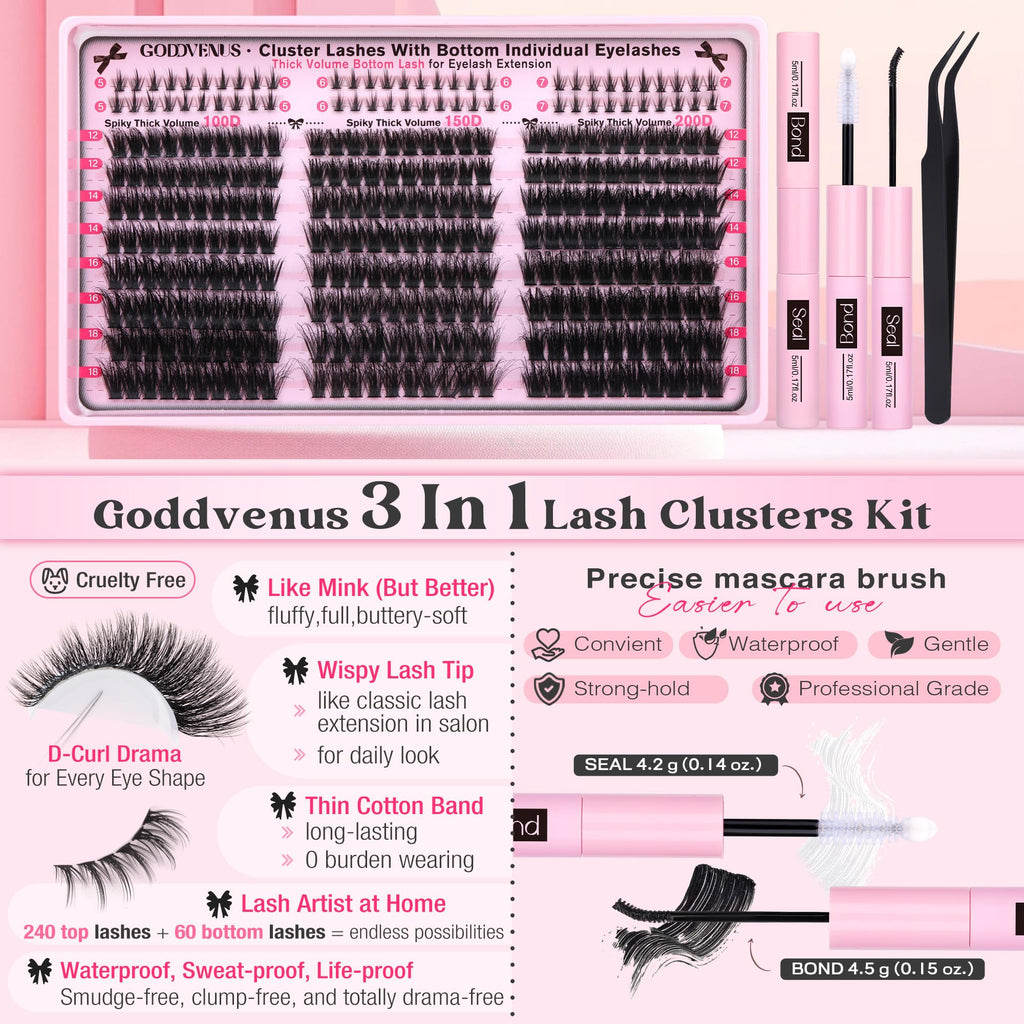 Goddvenus Fluffy Lash Clusters Kit – 240 Upper + 60 Lower, D-Curl Waterproof DIY Lashes