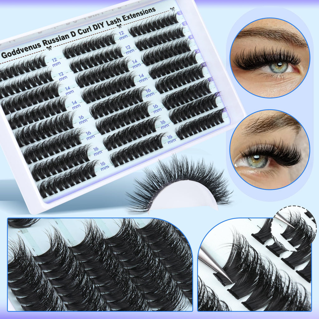 Goddvenus Lash Clusters Kit Wispy Lashes: Mixed 12mm-16mm with Bond & Seal, DIY Cat-Eye Lashes