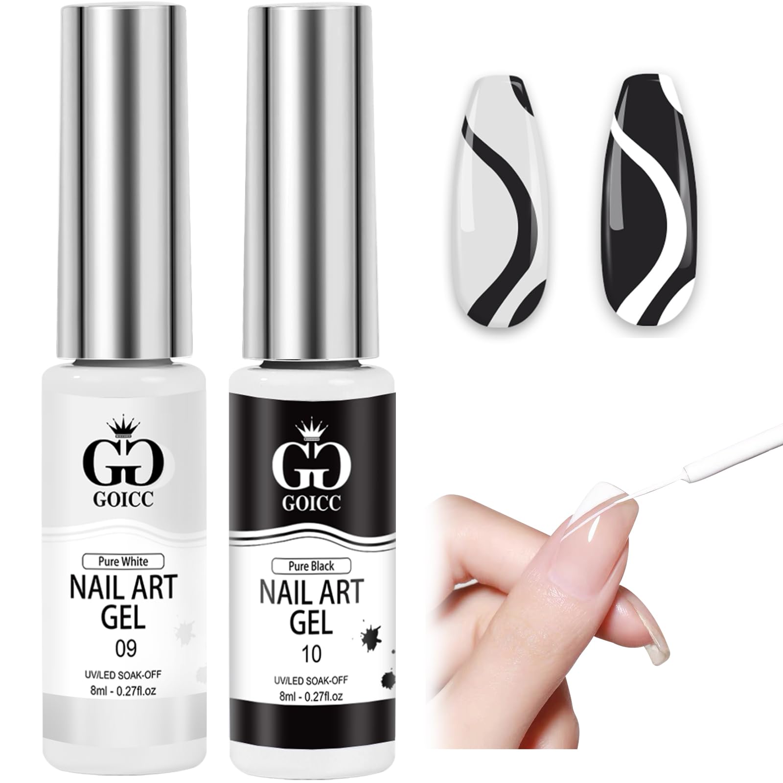 GOICC Black & White Gel Nail Art Liner – 2-Color Gel Nail Polish (8ml, UV/LED)