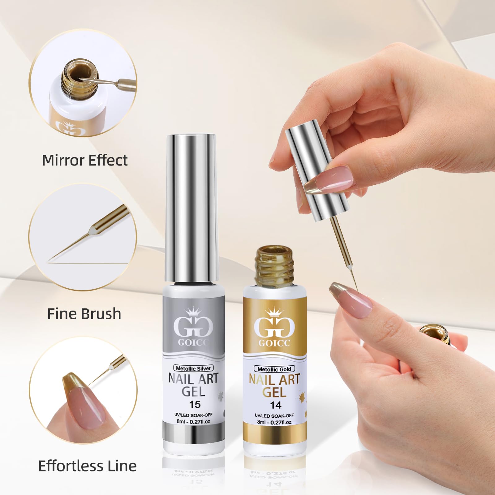 GOICC Metallic Gel Nail Polish Set – Silver & Gold Chrome Mirror Finish, 8ml x2
