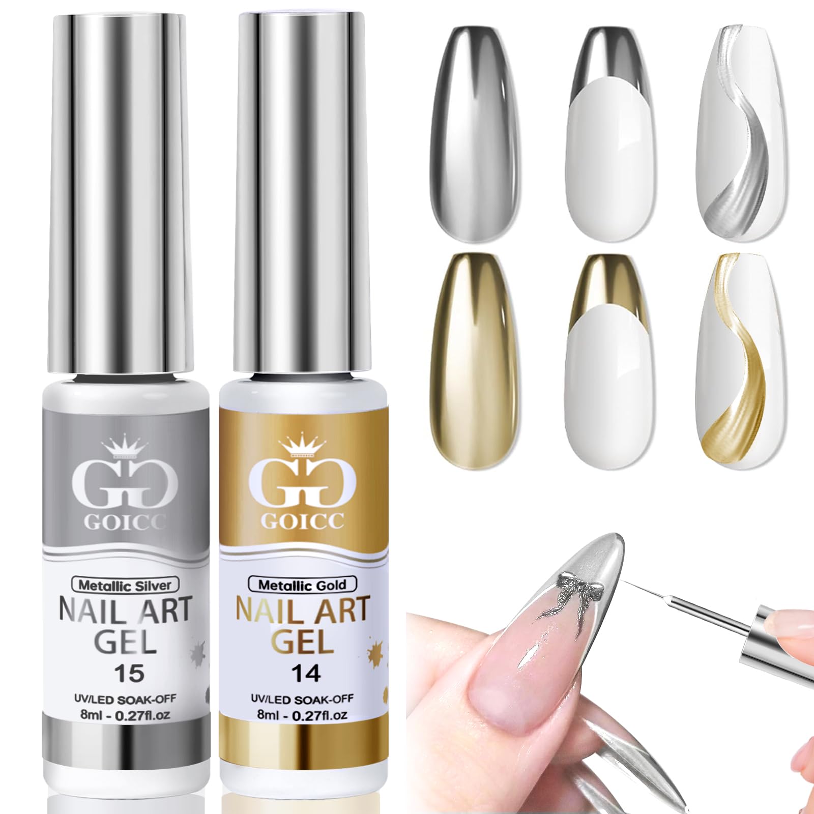 GOICC Metallic Gel Nail Polish Set – Silver & Gold Chrome Mirror Finish, 8ml x2