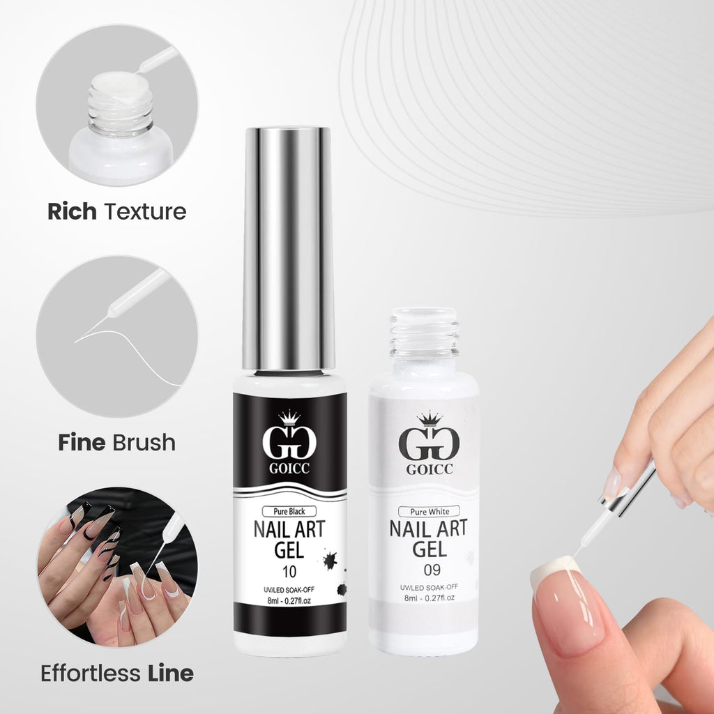 GOICC Black & White Gel Nail Art Liner – 2-Color Gel Nail Polish (8ml, UV/LED)