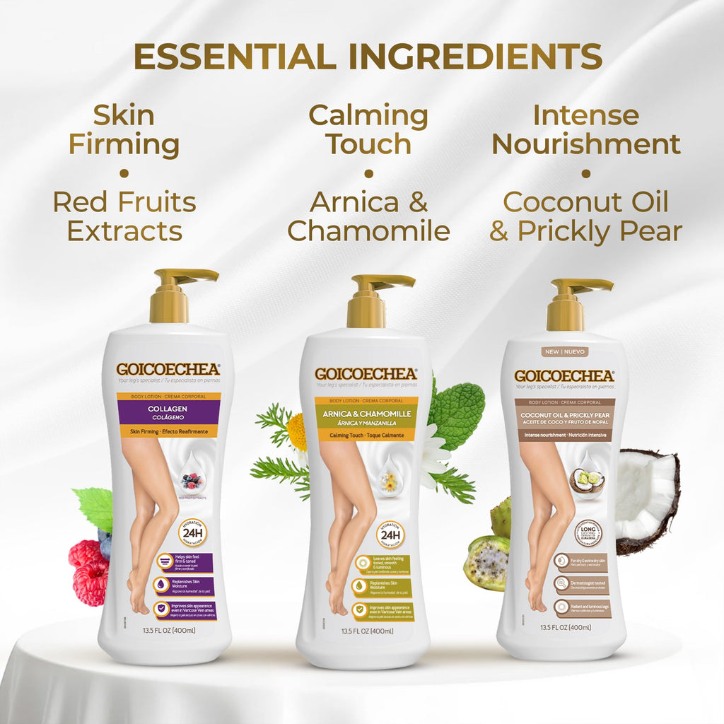 Goicoechea Body Lotion Variety Pack – Arnica and Chamomile, Collagen Elastin, Coconut Oil and Prickly Pear | 3 x 13.5 oz