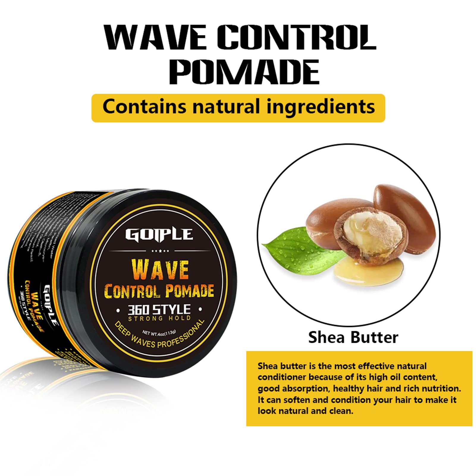 Goiple Natural Wave Pomade for Men – Strong Hold & Easy Wash 360 Wave Cream | 4oz