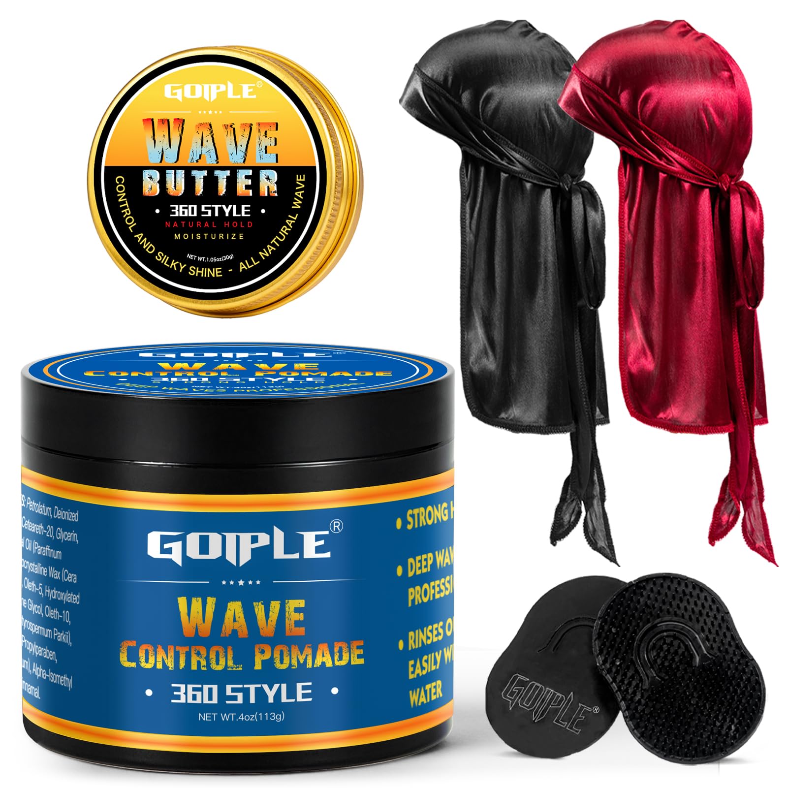 Goiple 360 Wave Pomade Strong Hold Kit for Men — Wave Butter, Brushes & Silky Durags