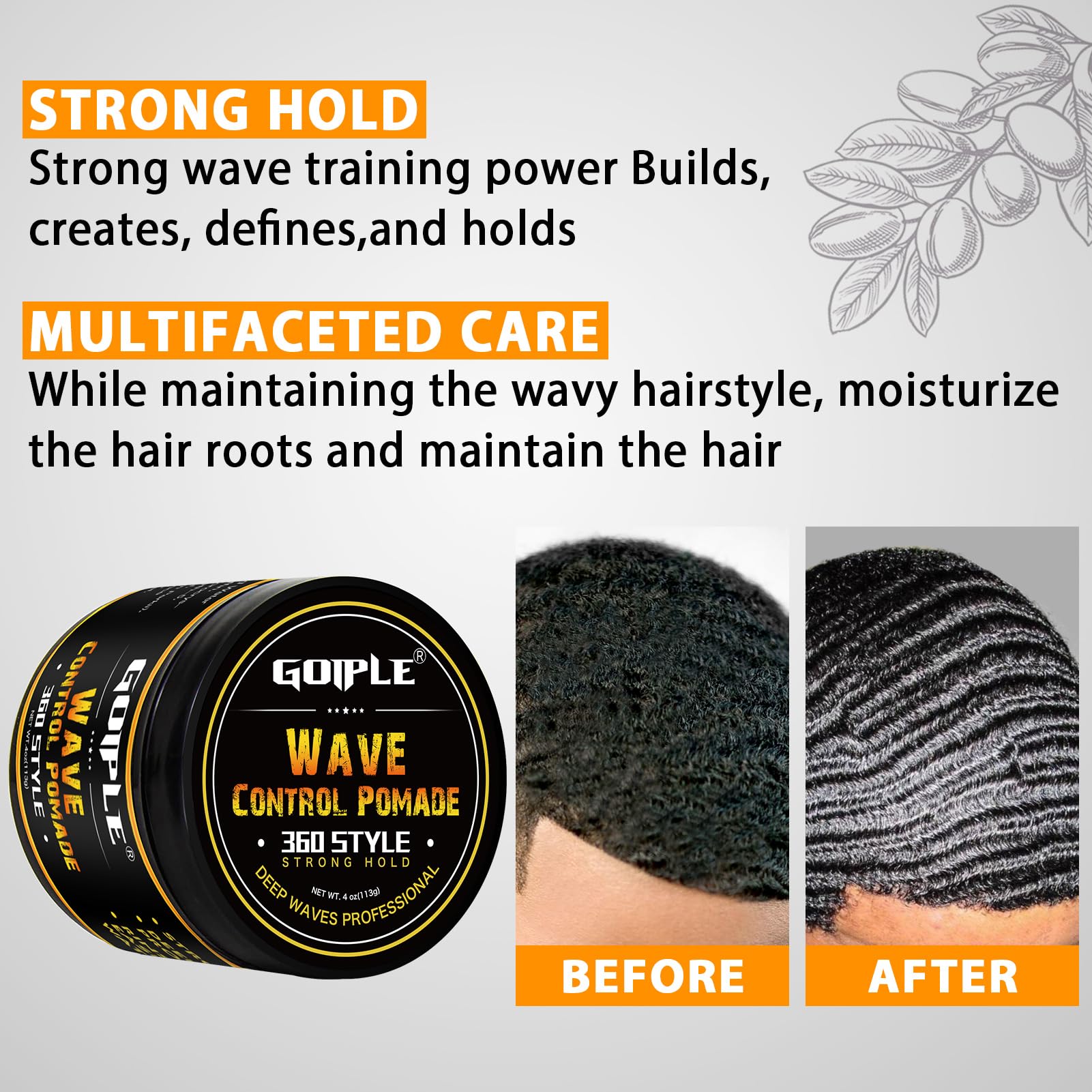 Goiple Natural Wave Pomade Set - Strong Hold, 360 Wave Training, Rosemary Oil Kit