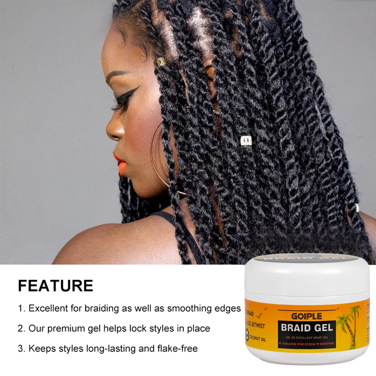 Goiple Strong Hold Braid Gel — Extreme Hold for Twist, Locs & Braids with Edge Control 8.8oz + Combs