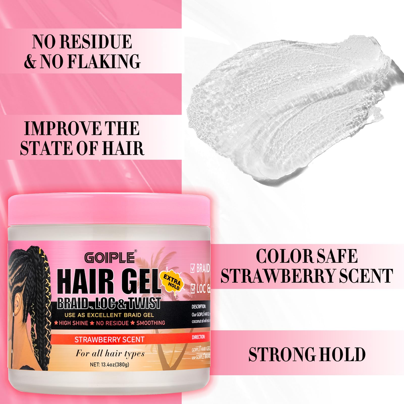Goiple 13.4oz Braiding Gel for Twist, Locs & Braid | Extra Hold, High Shine, No Flake Edge Control