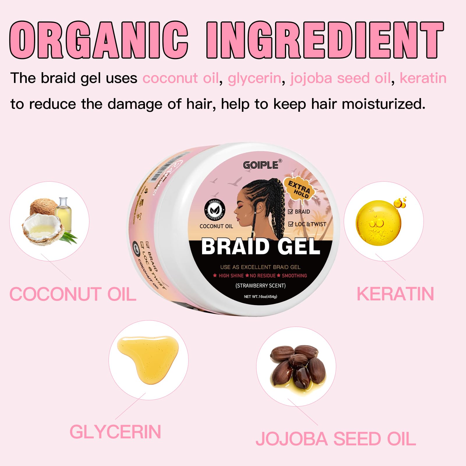 Goiple 16oz Big Capacity Braid Gel – Extra Hold, High Shine, No Flake Edge Control for Twists, Locs & Braids