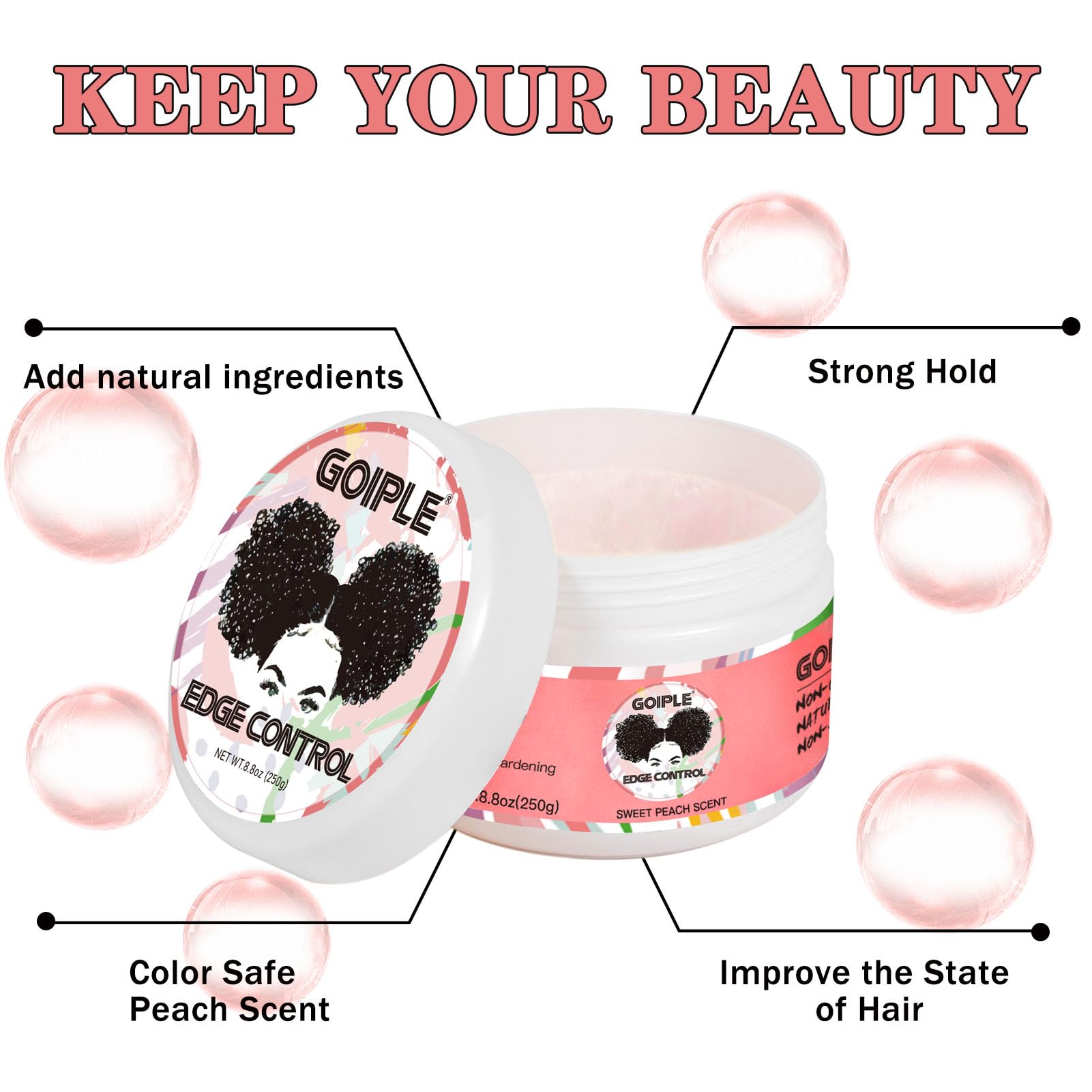 Goiple 8.8oz Edge Control Wax for Women – Strong Hold, Non-Greasy, No Flaking | Sweet Peach